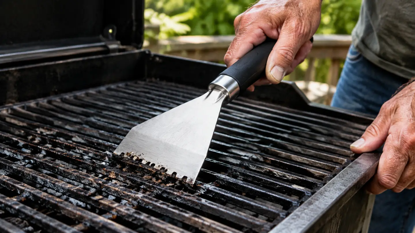 A stainless steel scraper edge being drawn across a grill grate to remove residue