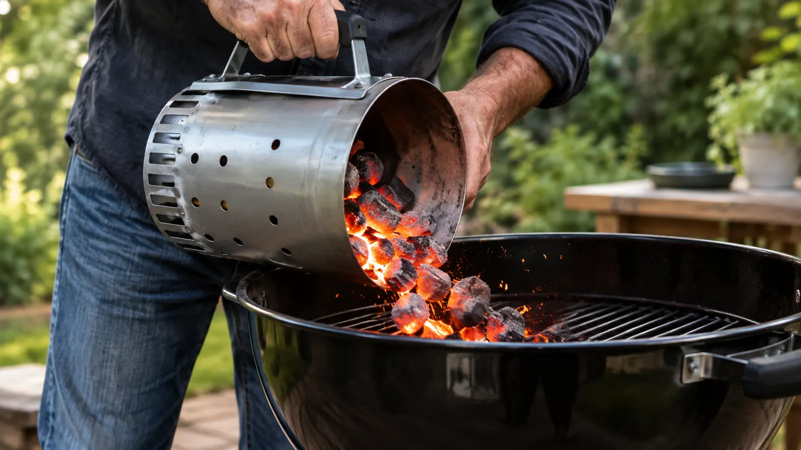 A hand pouring lit charcoal from a chimney starter into a charcoal grill
