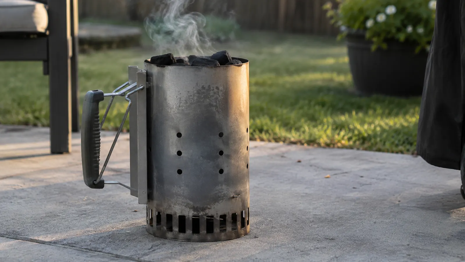 A chimney starter sitting on a patio with light smoke rising