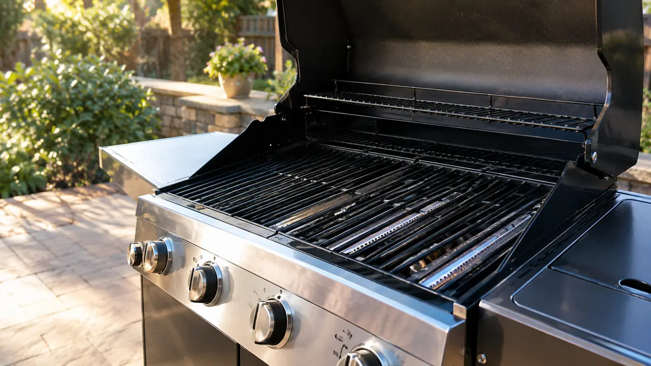 A gas grill with the cover removed, showing clean grates and burners in spring