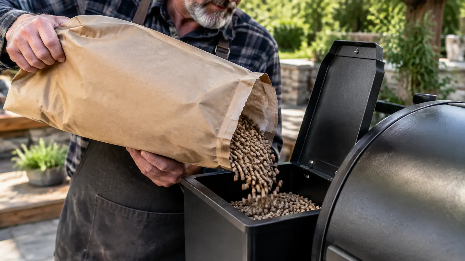 A hand pouring wood pellets from an open bag into the hopper of a pellet smoker