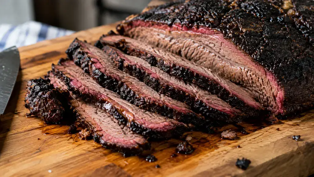 A cutting board with slices of smoked brisket showing a dark bark and pink smoke ring