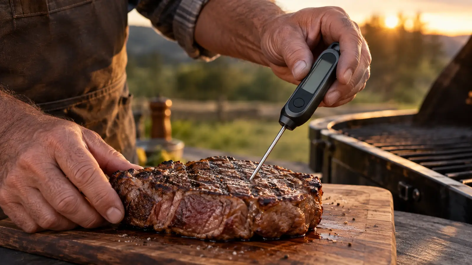 A close-up of a hand inserting the probe of a digital meat thermometer into a thick steak on a wooden cutting board beside a grill