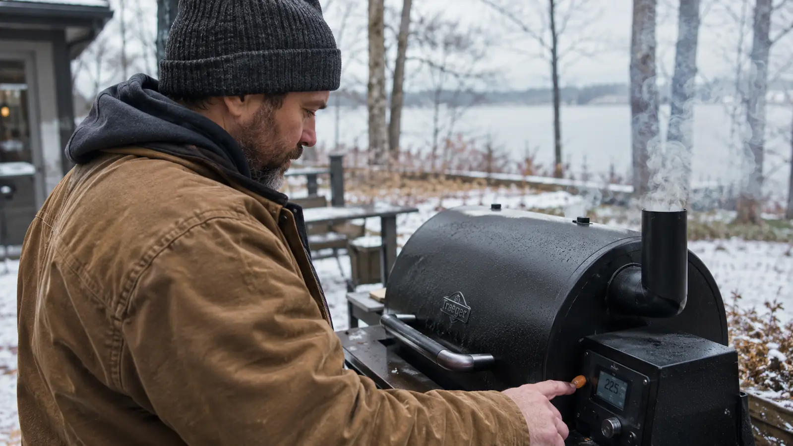 A cook in a wool cap reads the display of a digital thermometer while smoke rises from a pellet smoker on a snowy patio in late autumn