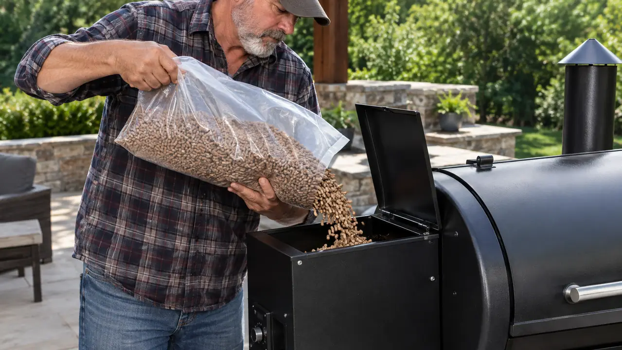 A cook's hand pouring wood pellets from a bag into the hopper of a pellet smoker