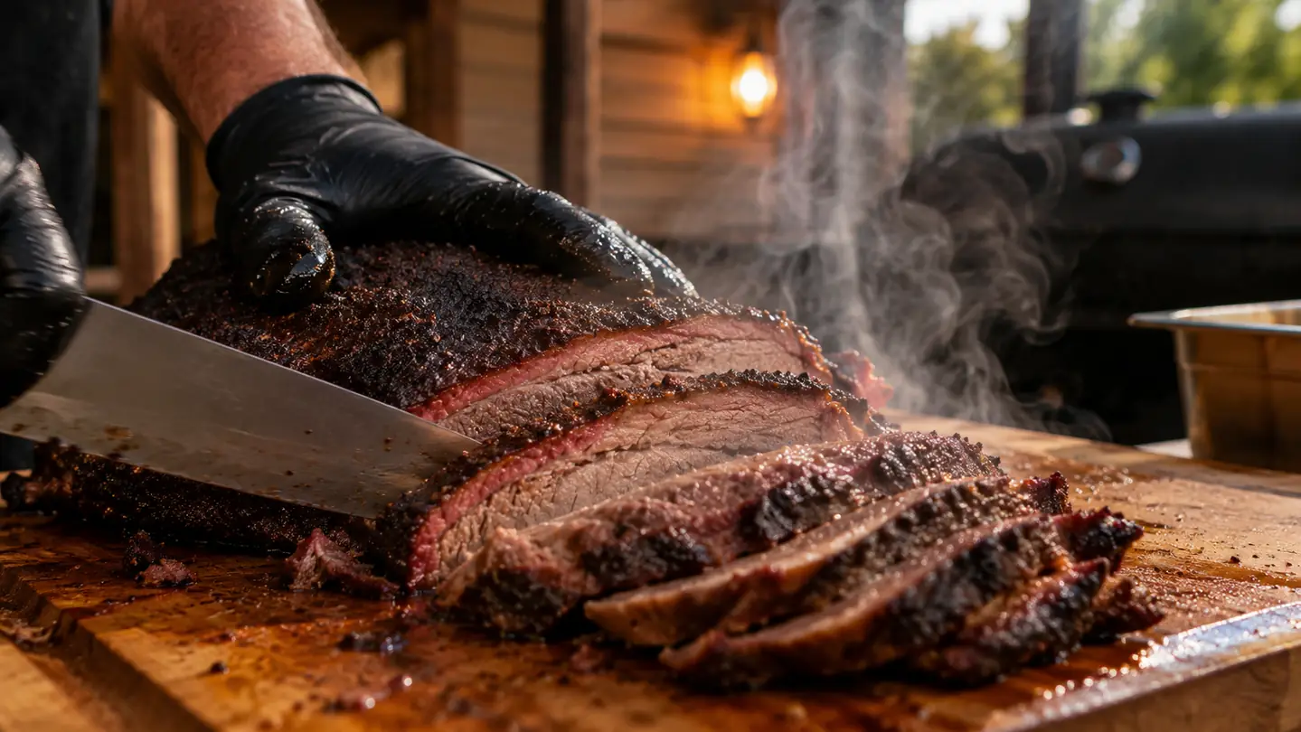 A gloved hand slicing a smoked brisket on a wooden cutting board, smoke still rising