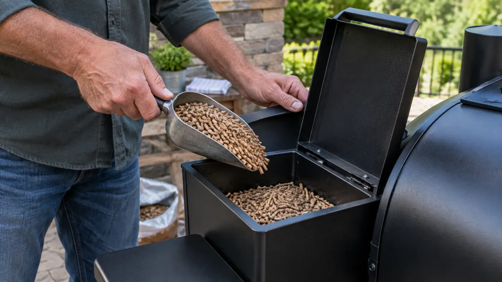 A cook's hand tipping a scoop of wood pellets into the open hopper of a pellet smoker