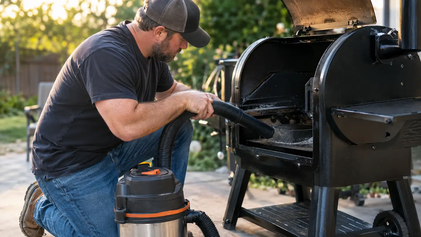 A cook kneeling beside a pellet smoker, vacuuming ash from the fire pot with a small shop vac
