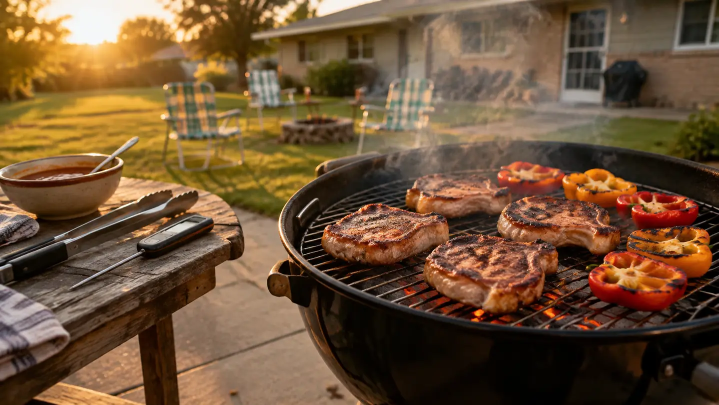 Charcoal kettle grill with the lid off on a backyard concrete patio at golden hour, thick pork chops and halved peppers searing over glowing coals