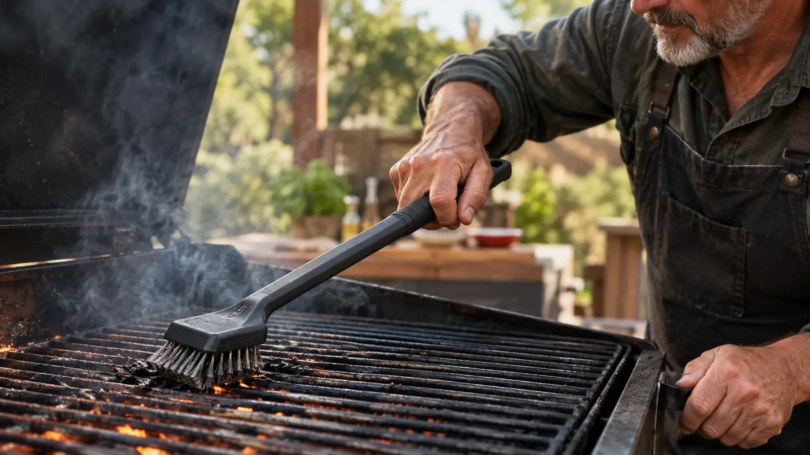 A hand using a long-handled grill brush to scrape char off hot grill bars