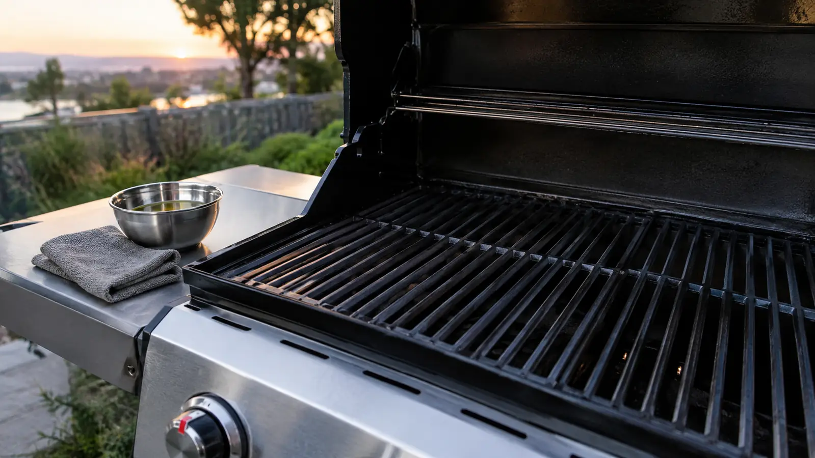 A clean grill grate after scraping, with a small bowl of oil and a rag on a nearby table