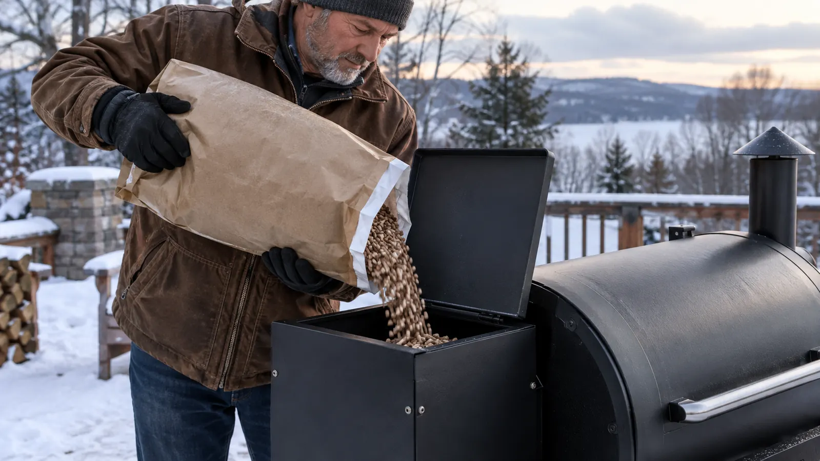 Gloved hands pouring hardwood pellets into the open hopper of a pellet smoker on a snowy patio.
