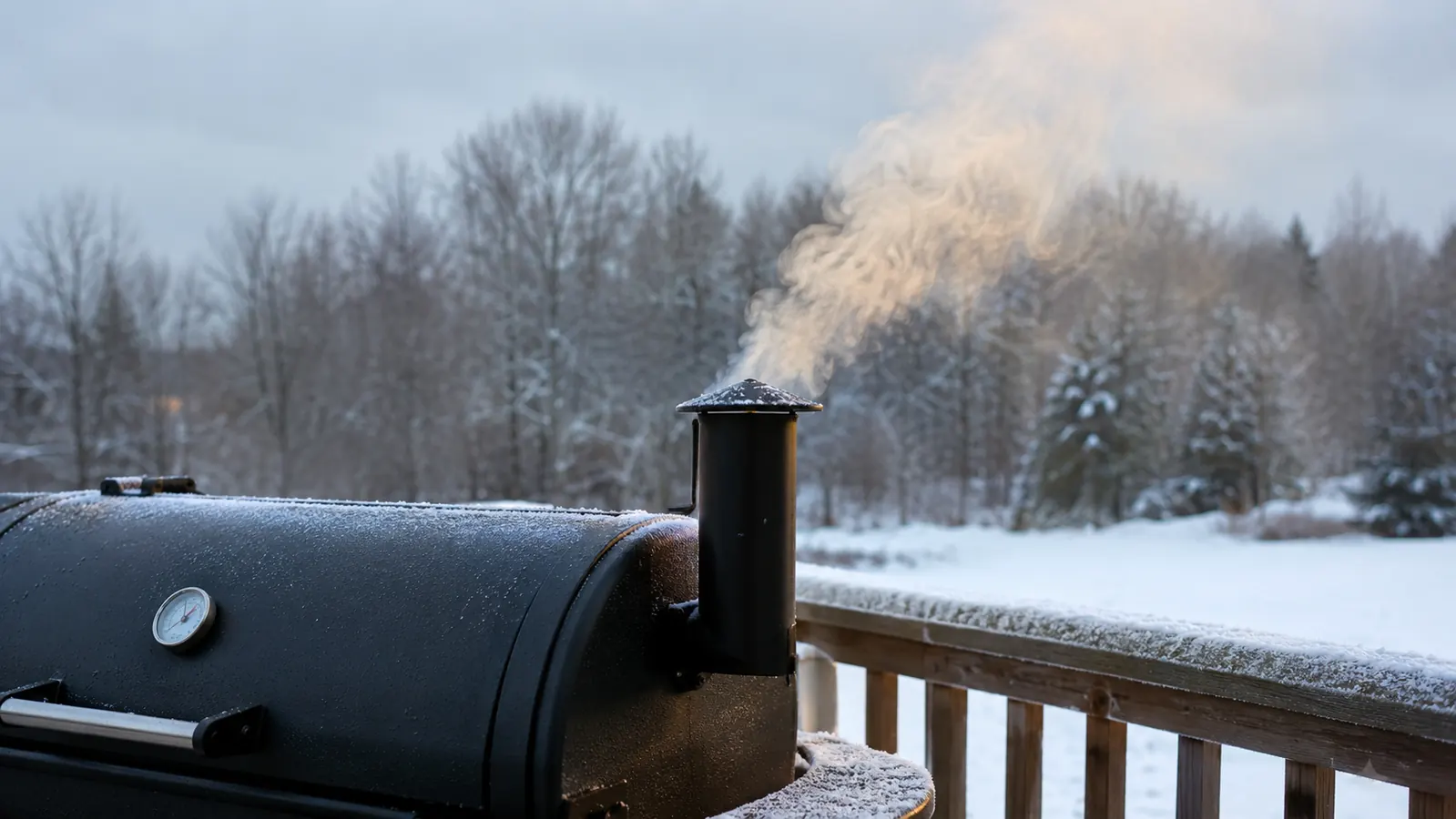 Pale blue smoke drifting from a smoker vent against a grey winter sky, frost on the patio railing.