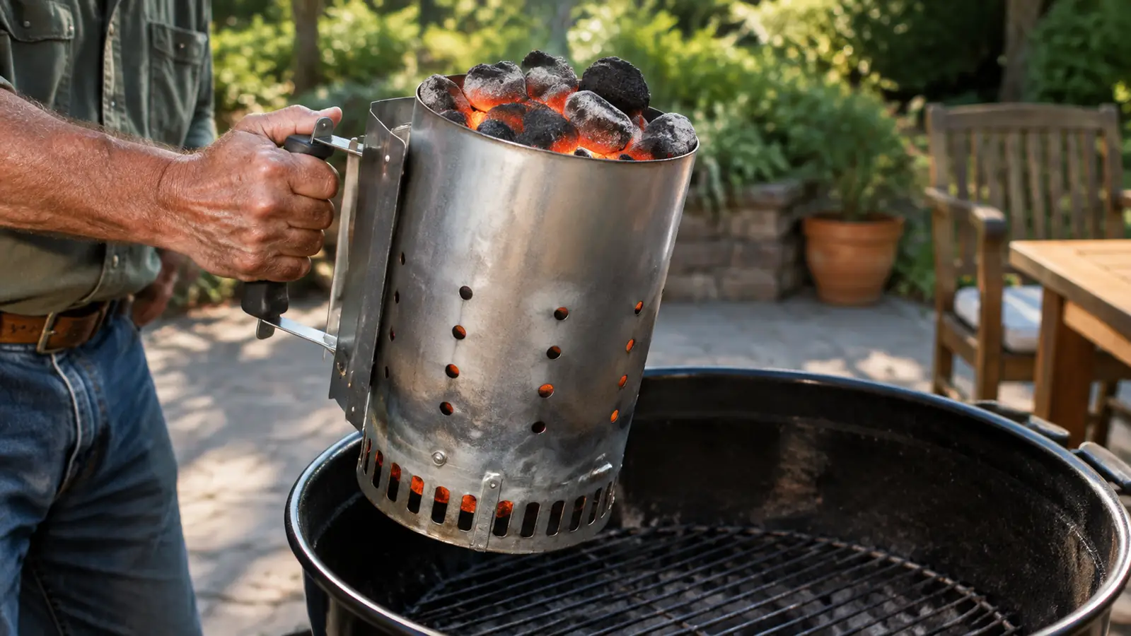 A cook's hand holding the handle of a chimney starter over an open grill, glowing coals visible at the top