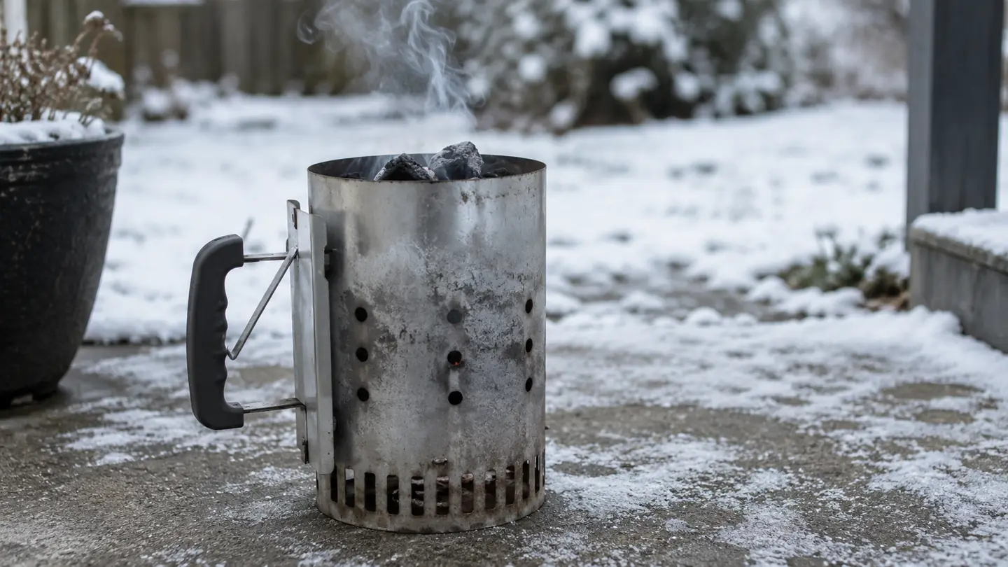 A chimney starter sitting on a concrete patio in the snow, with a small wisp of smoke rising from the top
