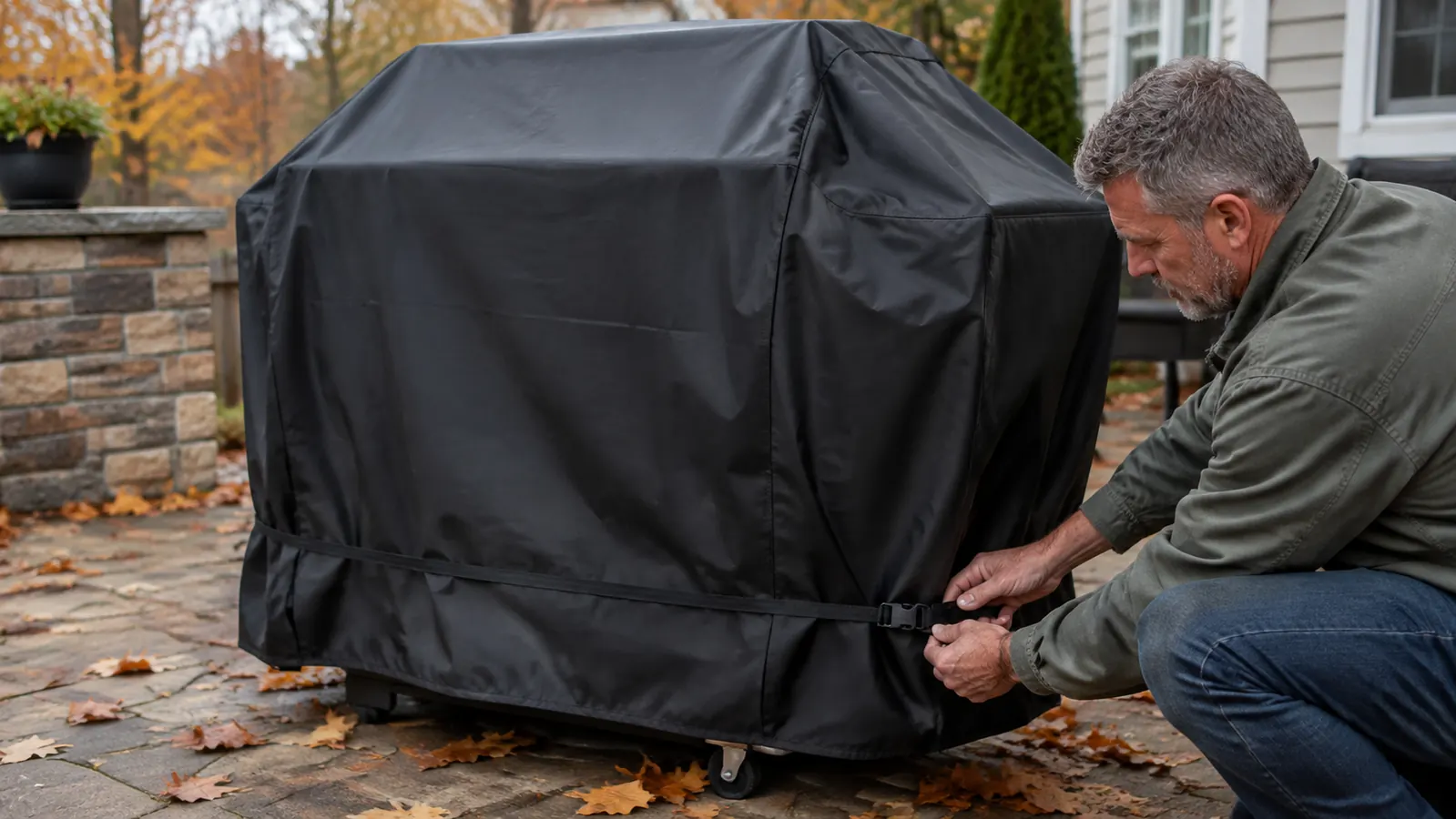 Hands fitting a grill cover over a gas grill and tightening the bottom strap