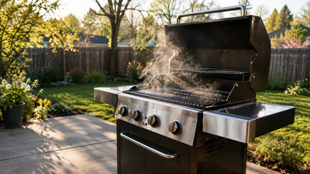 An uncovered grill on a dry patio on a spring morning