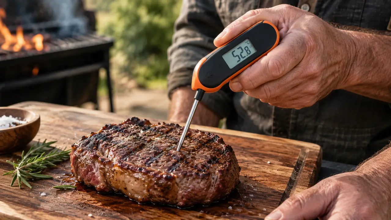 Close-up of a digital thermometer probe inserted into a thick steak
