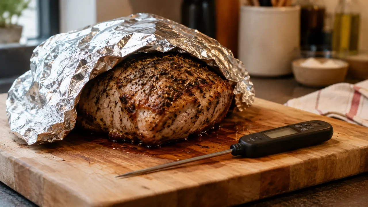 Cook resting a pork roast on a cutting board tented with foil