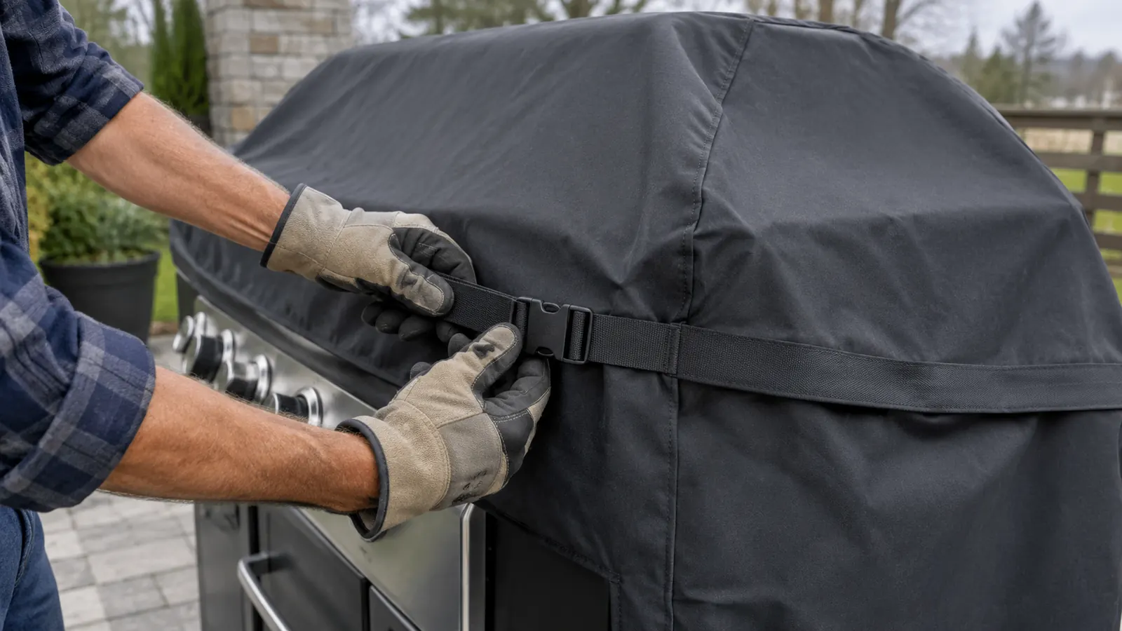 Hands adjusting a strap on a fitted grill cover over a three-burner gas grill