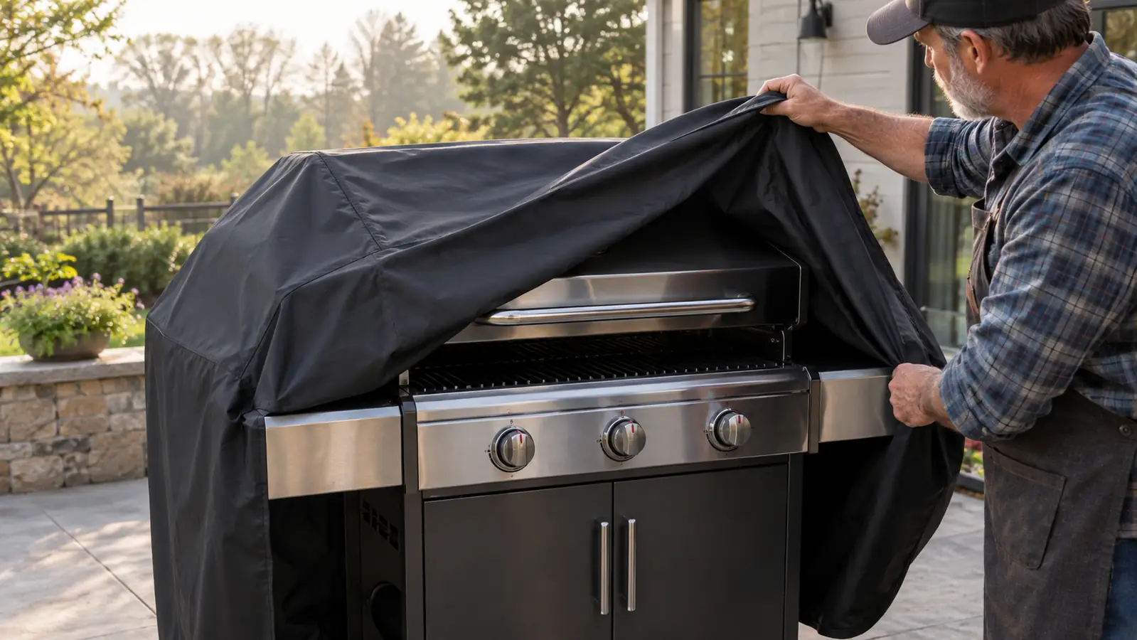 A hand pulling a heavy grill cover off a three-burner gas grill on a spring morning