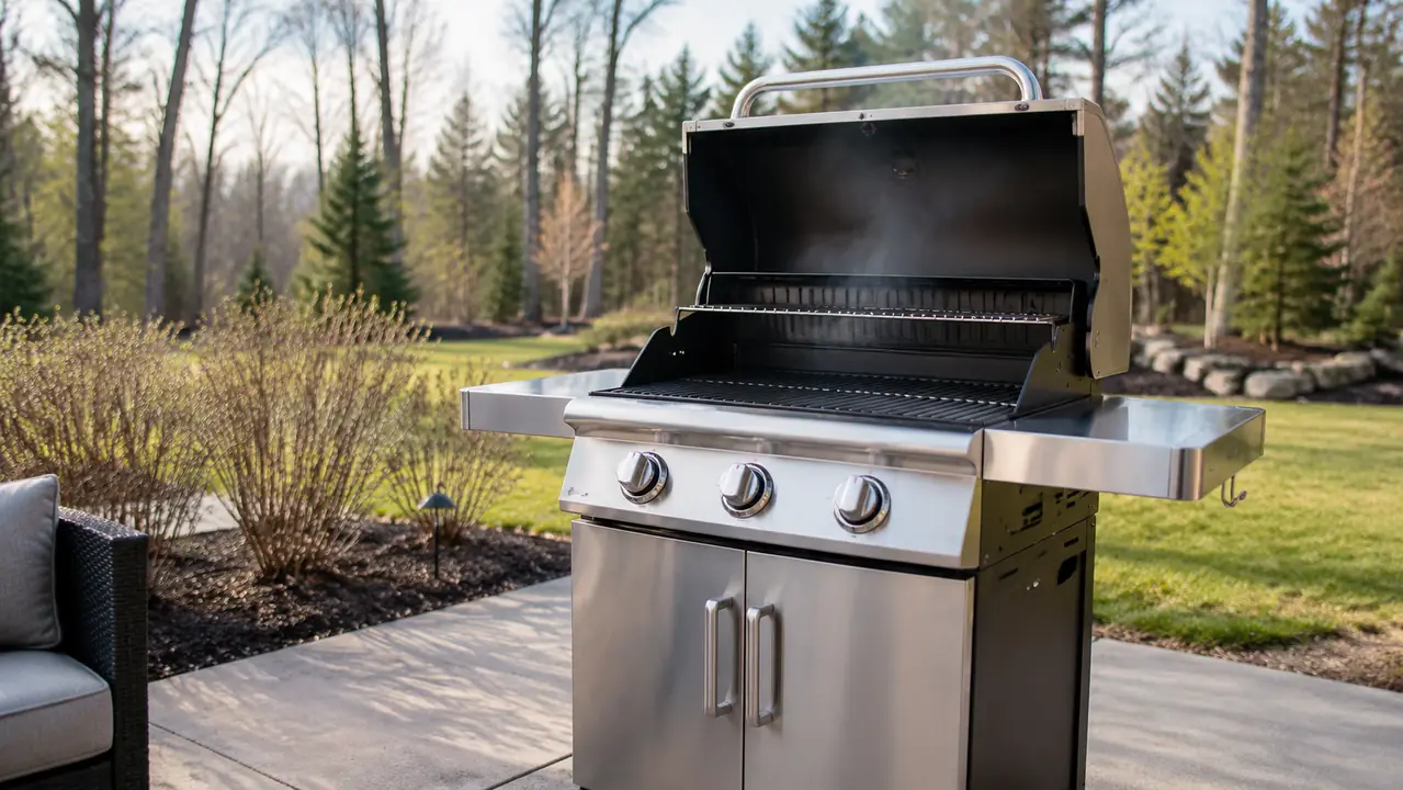 A clean three-burner gas grill uncovered on a patio in early spring, ready for the first cook of the season