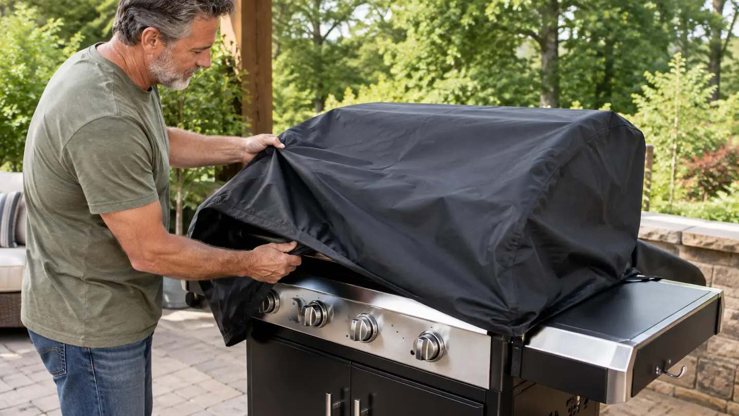 A hand pulling a fitted grill cover up over the side of a gas grill outdoors