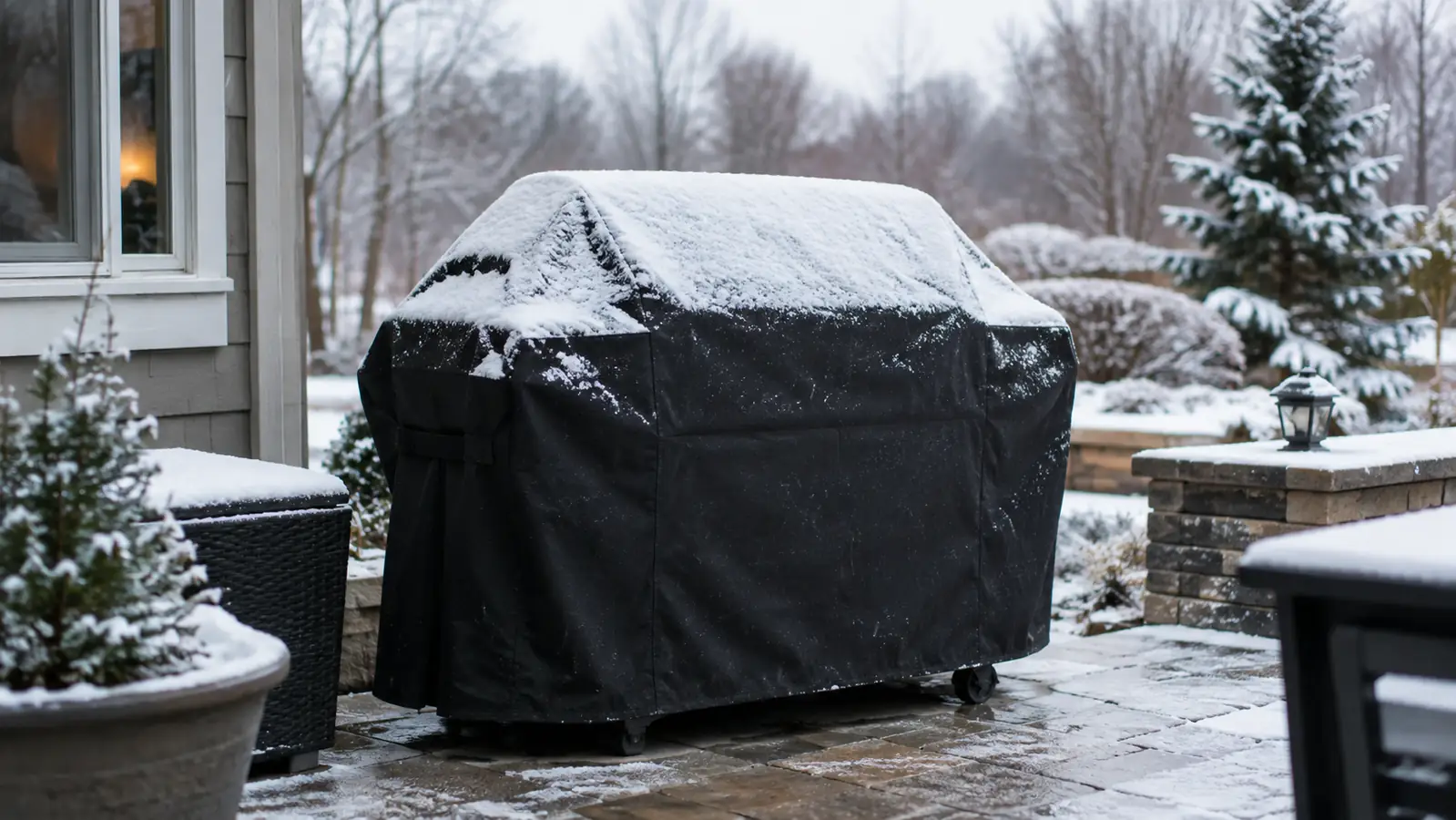 A covered grill with snow on the cover in a winter backyard