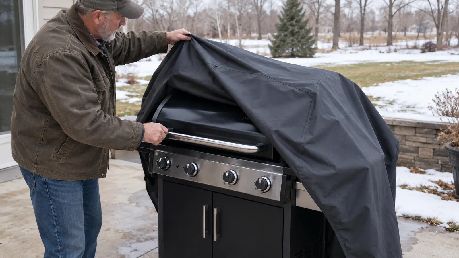 A hand pulling a grill cover off a gas grill on a patio in early spring
