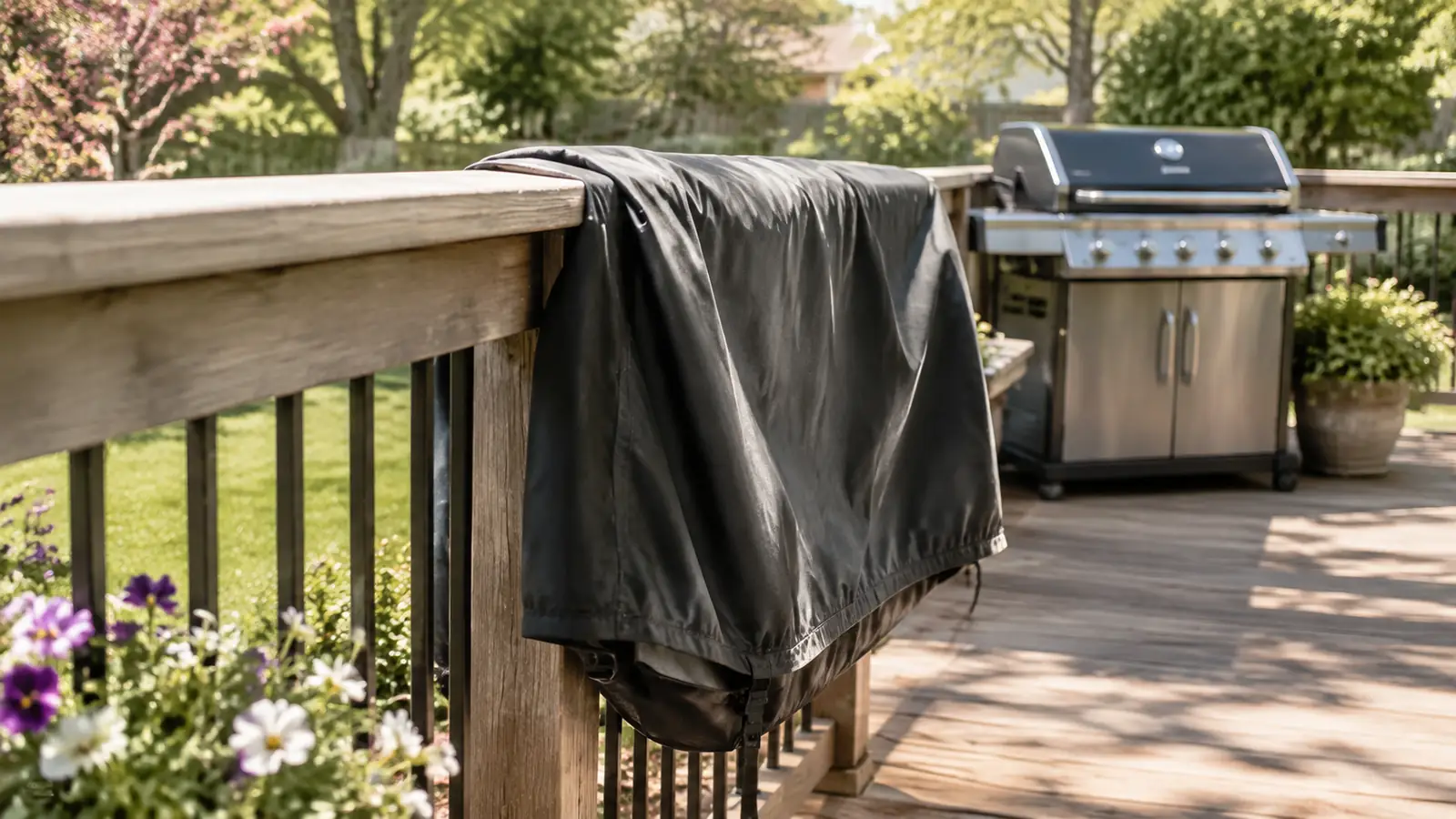 A grill cover folded over a porch railing to air out on a sunny spring afternoon