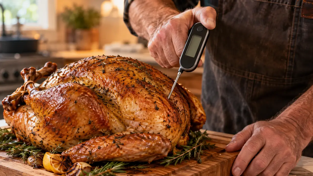 A hand using a digital thermometer on the thigh of a roasted turkey on a carving board