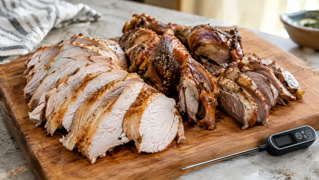 Sliced turkey breast and dark meat arranged on a wooden carving board with a thermometer beside it