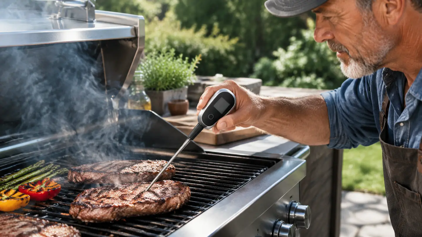 A cook's hand holding a digital thermometer probe over a grill grate