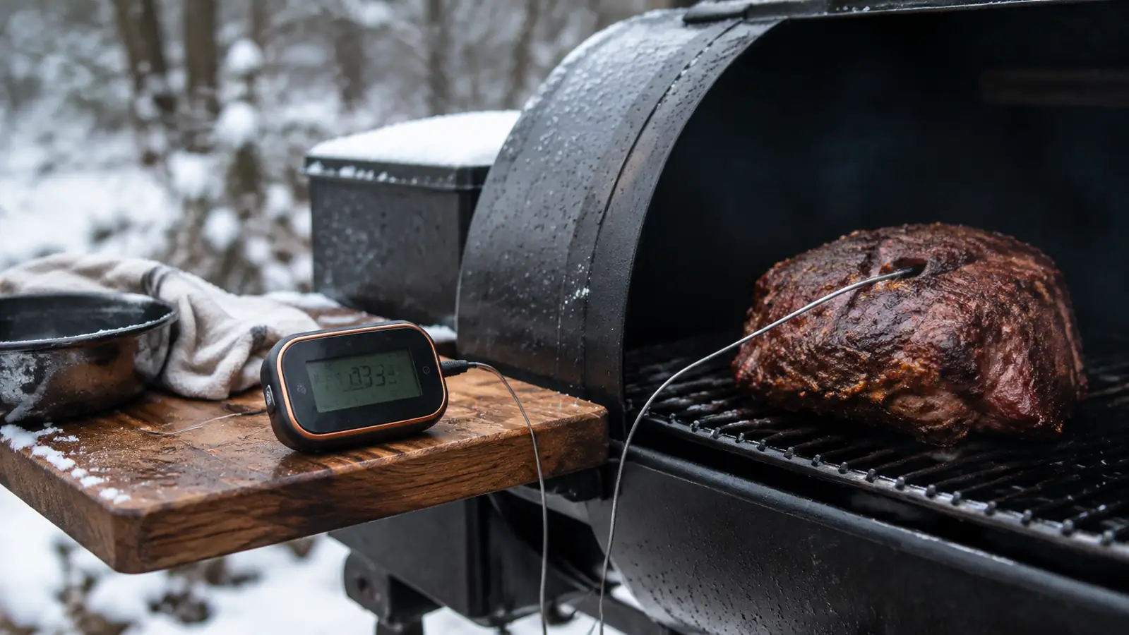 A thermometer display resting on a wooden shelf beside a pork shoulder on a smoker