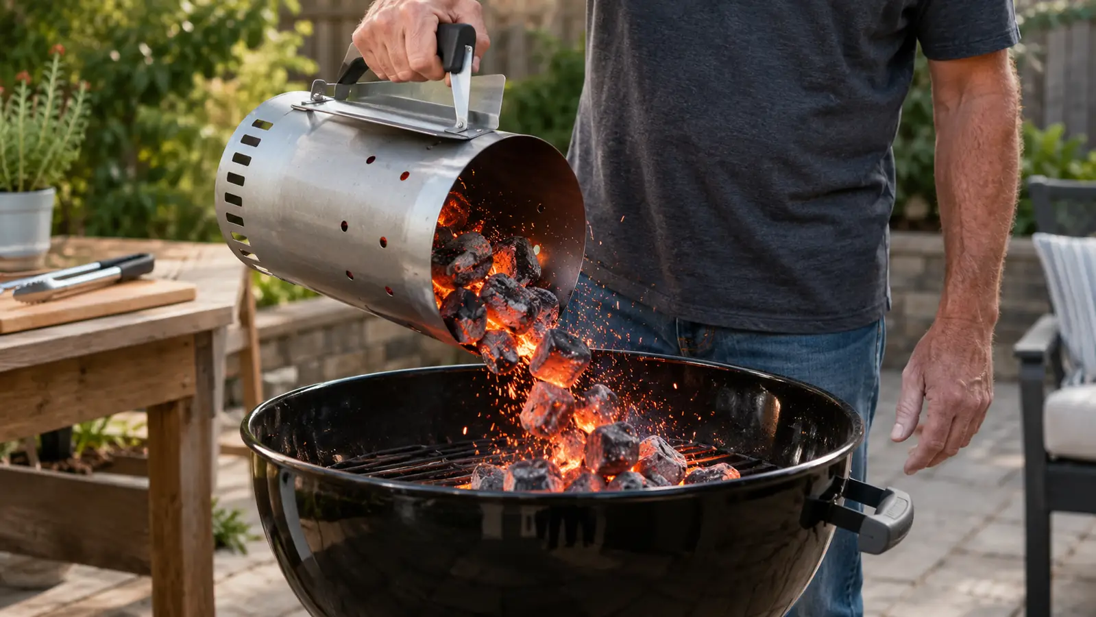 A hand pouring charcoal briquettes from a chimney starter into a kettle grill