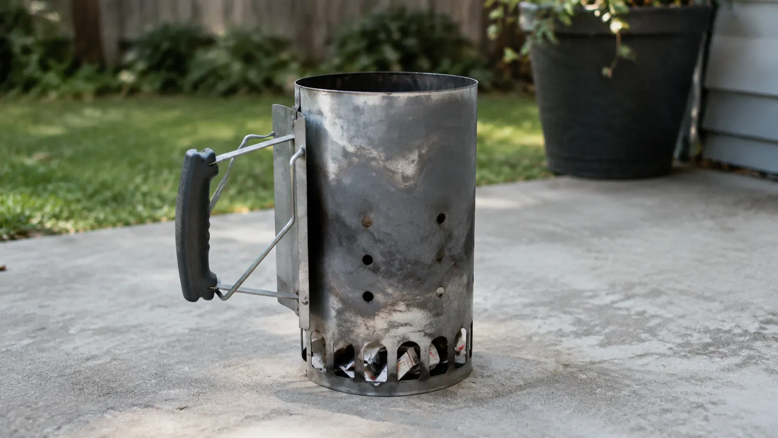 A chimney starter with newspaper poking out of the bottom vents, sitting on a concrete patio