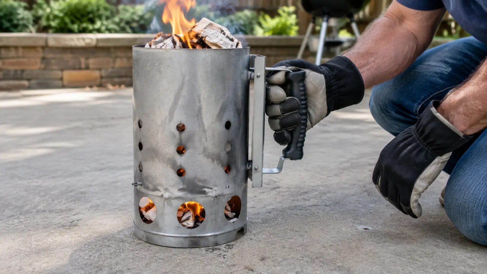 A hand in a work glove gripping the side handle of a chimney starter as it heats, newspaper flames visible beneath the base