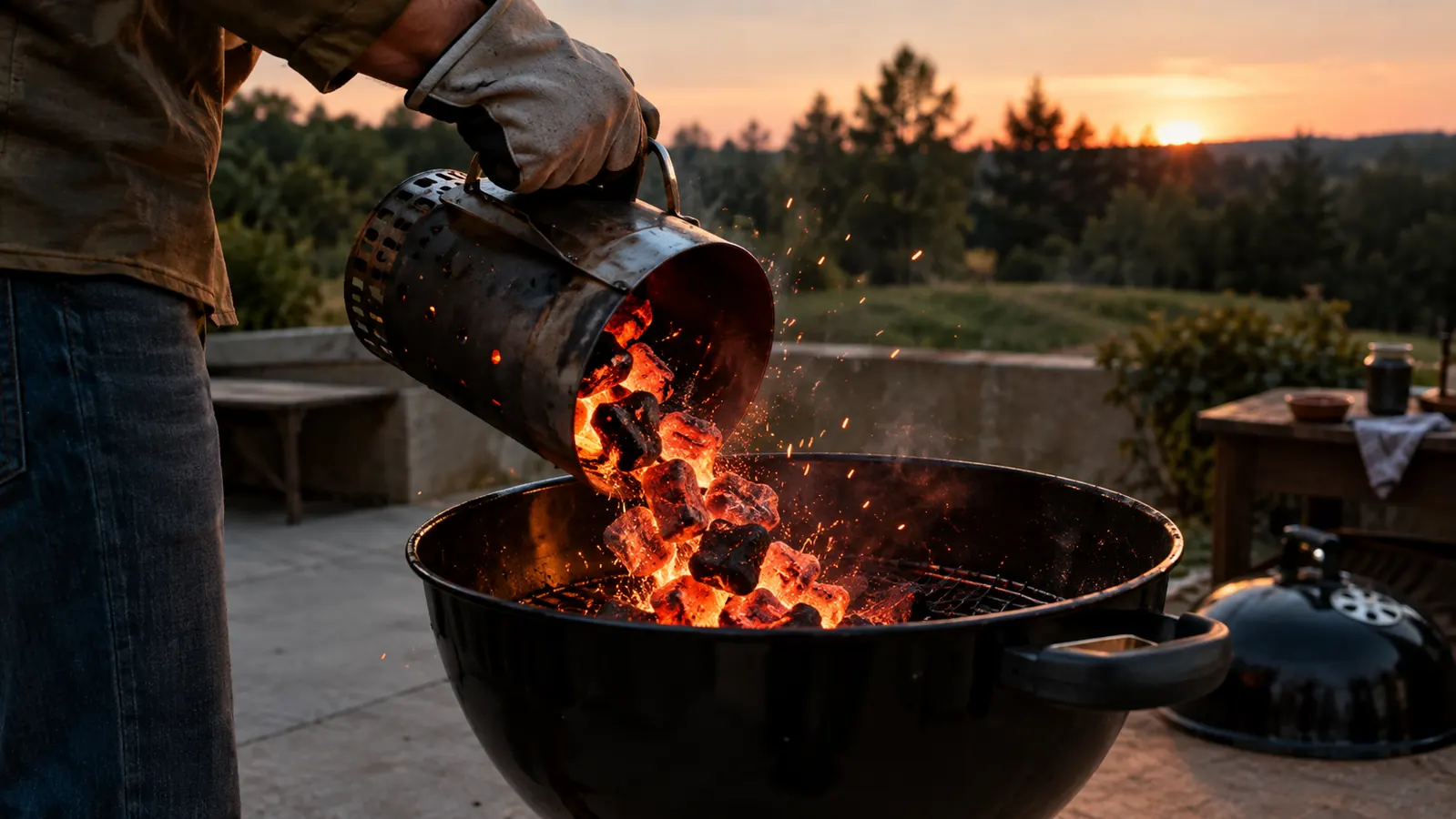 Glowing coals being tipped from a chimney starter into a kettle grill at dusk, sparks drifting upward