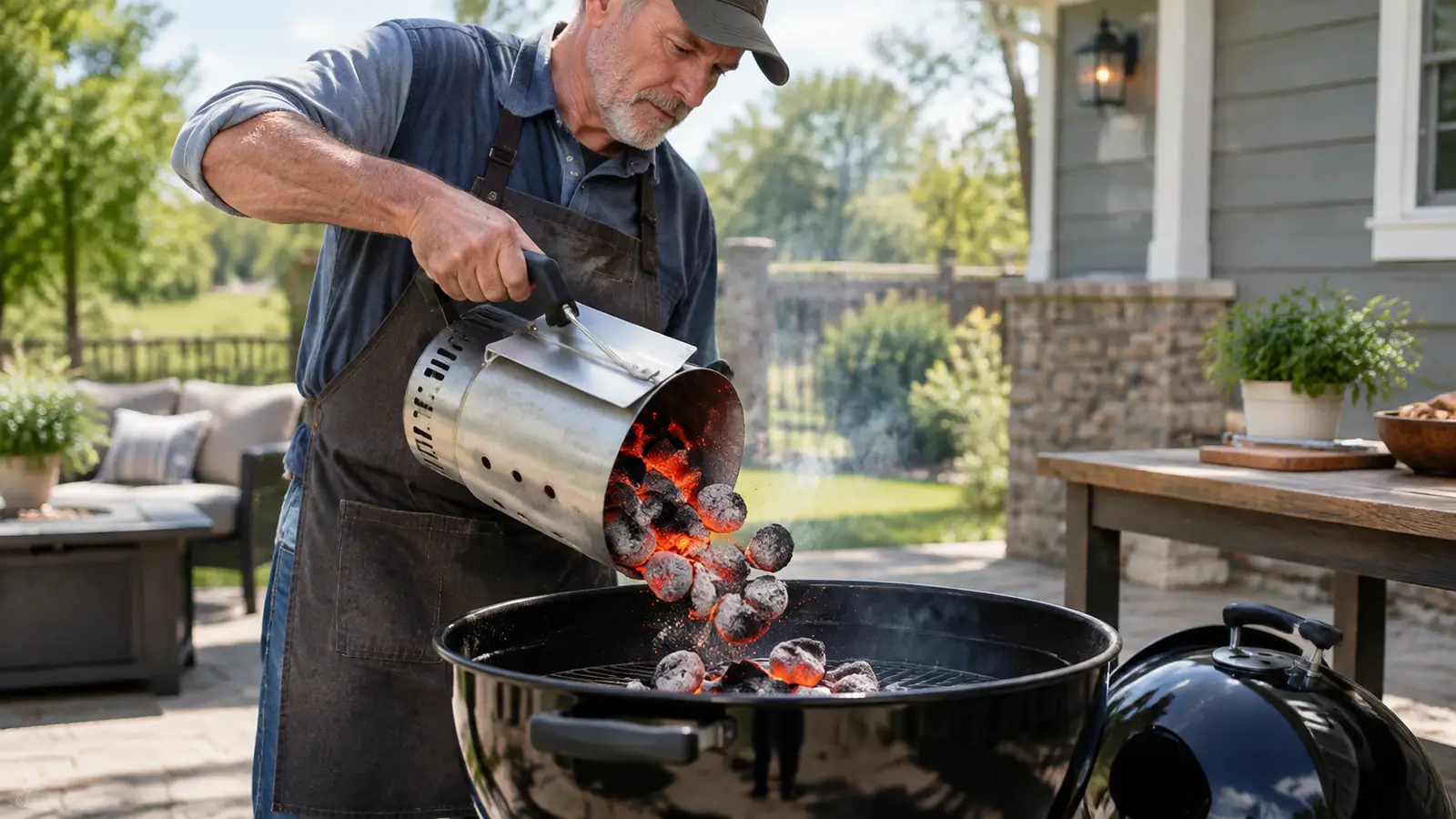 a cook lifting a chimney starter over a charcoal grill with one hand
