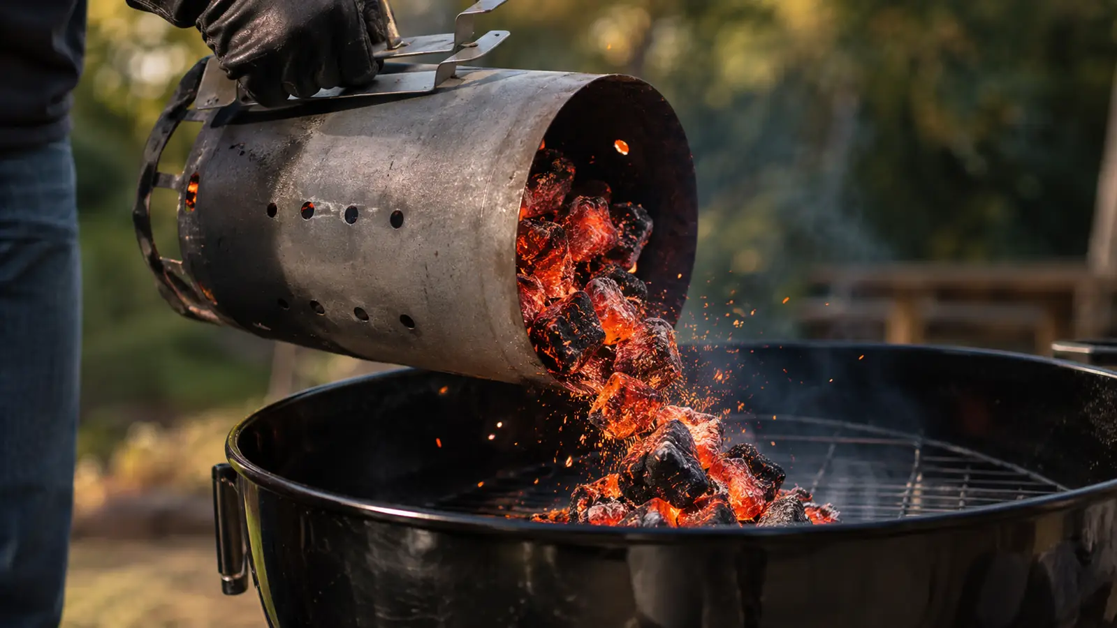 a cook pouring glowing charcoal from a chimney starter into a kettle grill, embers visible