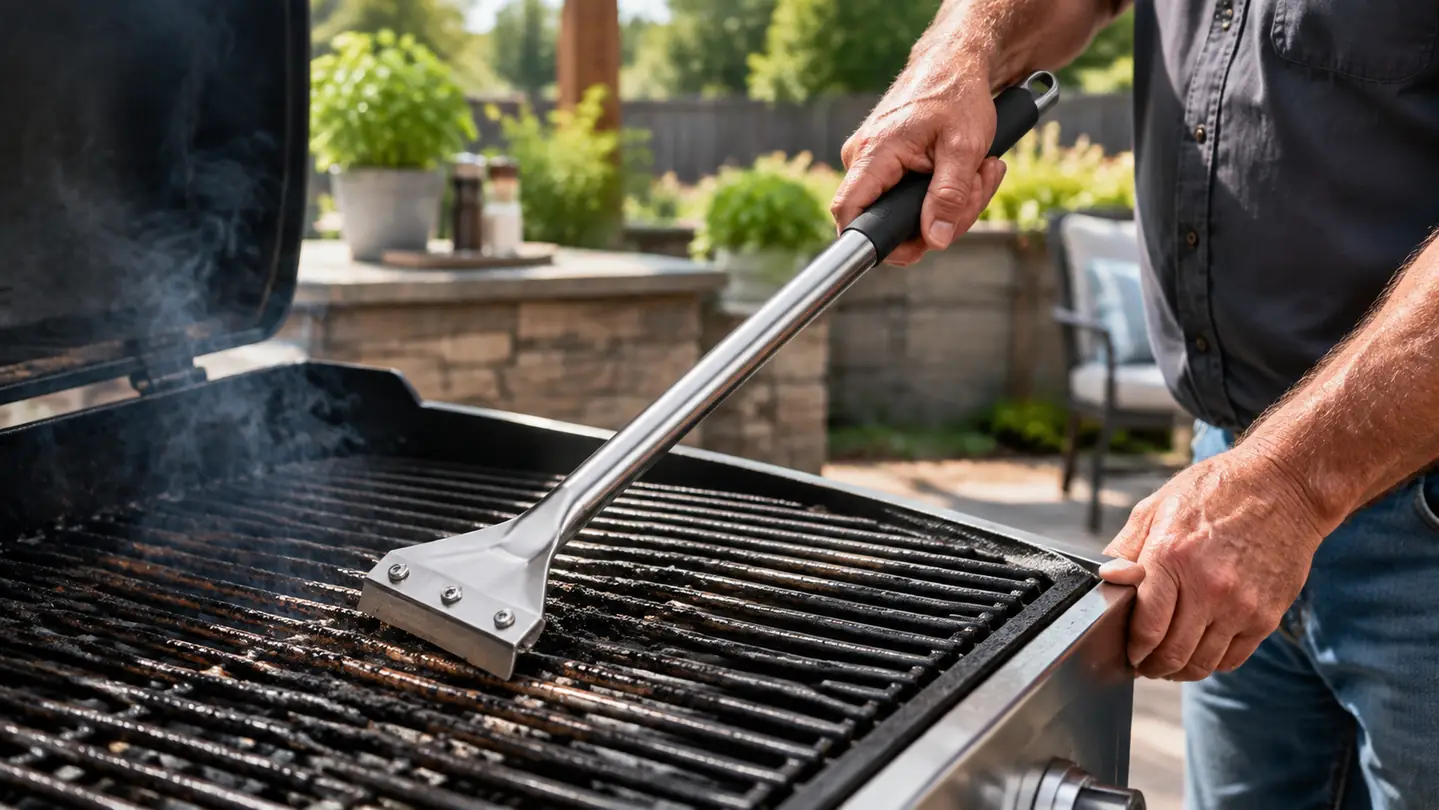 A cook's hand scraping carbon off a hot grill grate with a bristle-free scraper