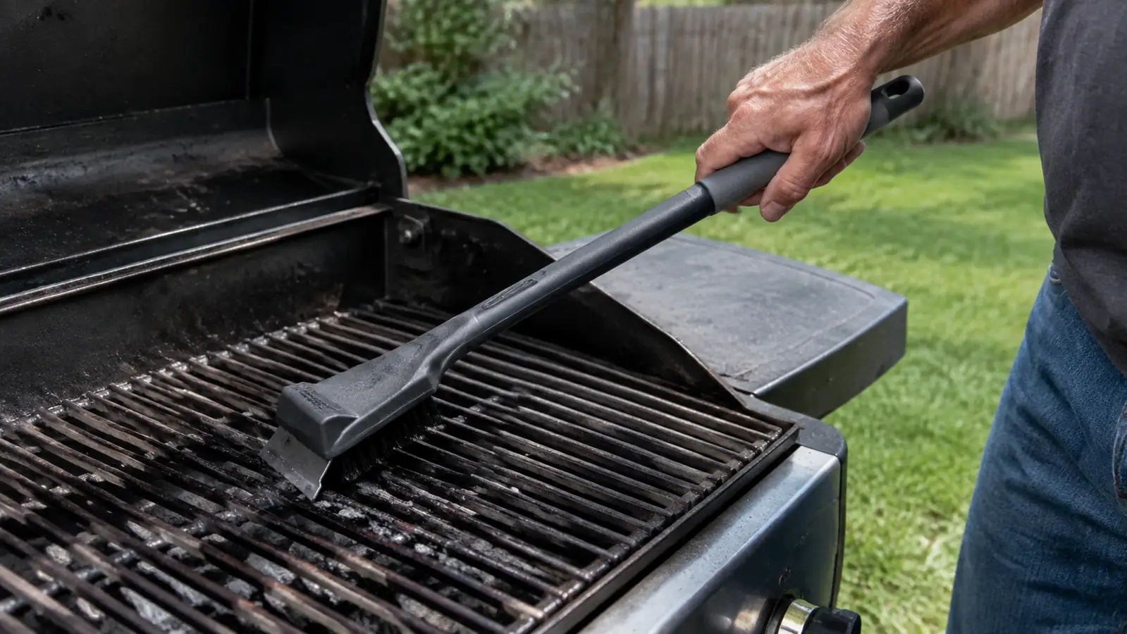 A hand using a long-handled bristle-free grill brush to scrape a warm grill grate, carbon lifting off in strips.