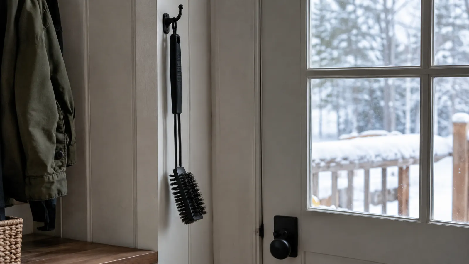 A grill brush hanging on a hook by a back door in winter, snow visible through the window.