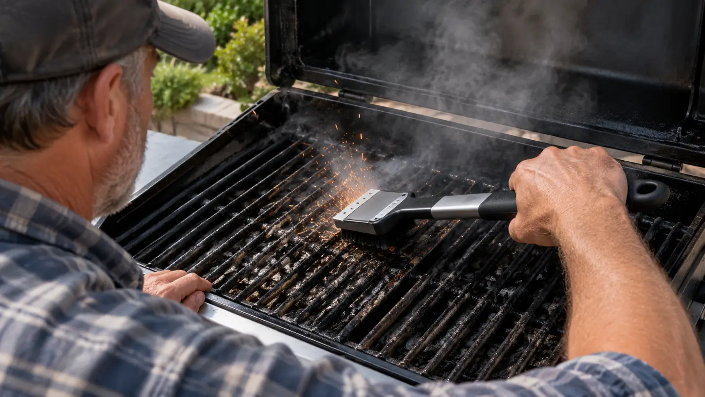 A hand scraping a grill grate with a long-handled brush, sparks and steam rising from the hot metal