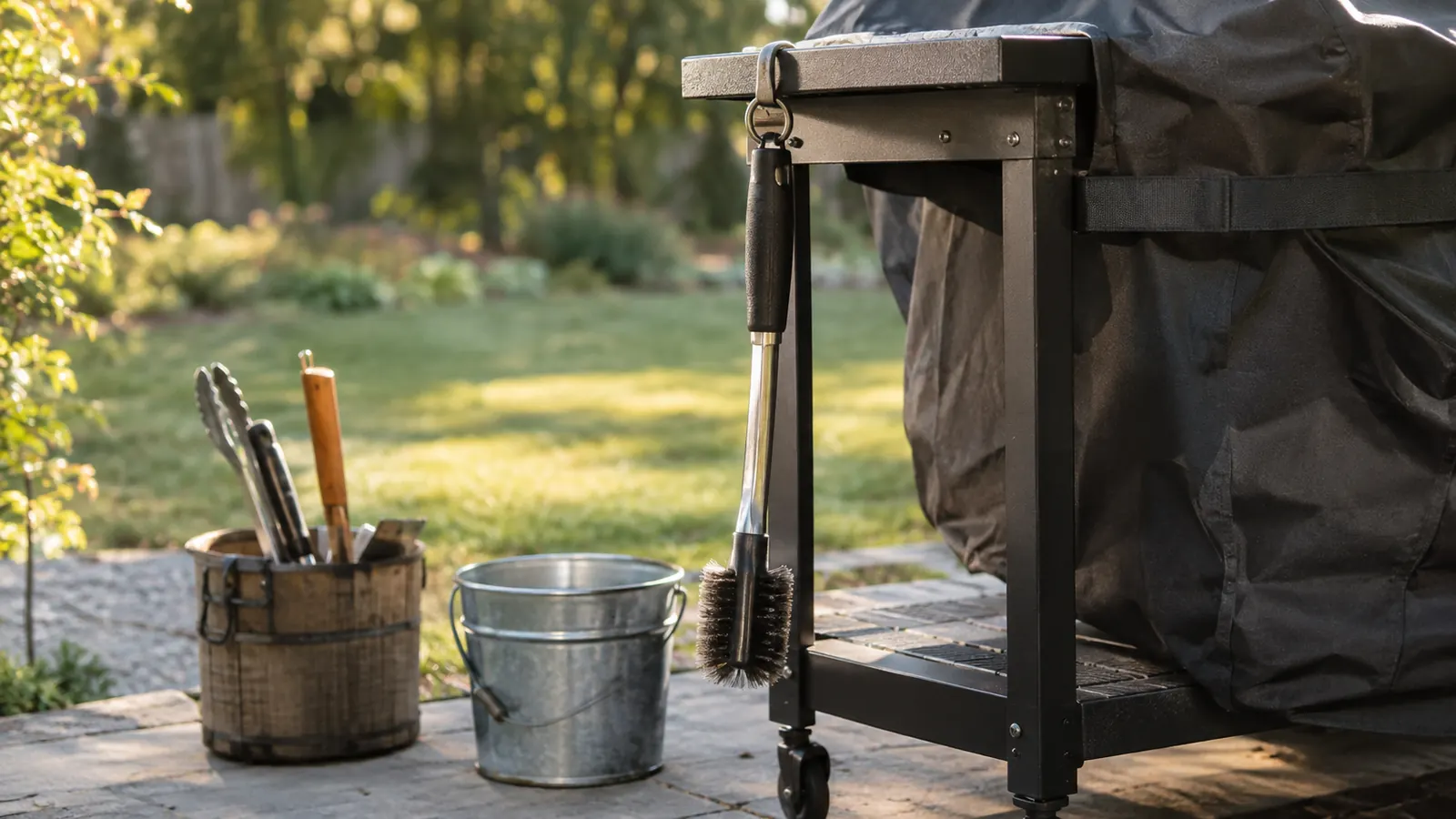 A long-handled grill brush hanging from a hook on a patio cart beside a covered grill, drying after a cleaning