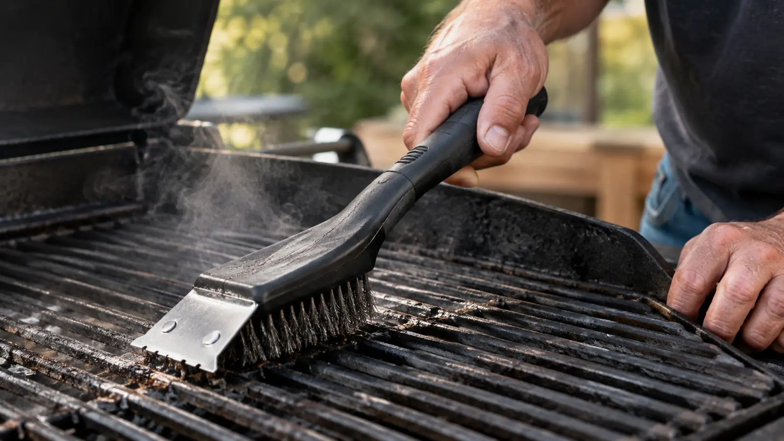 a close view of a hand holding a grill brush against a hot grate, a stainless scraper edge in contact with the metal