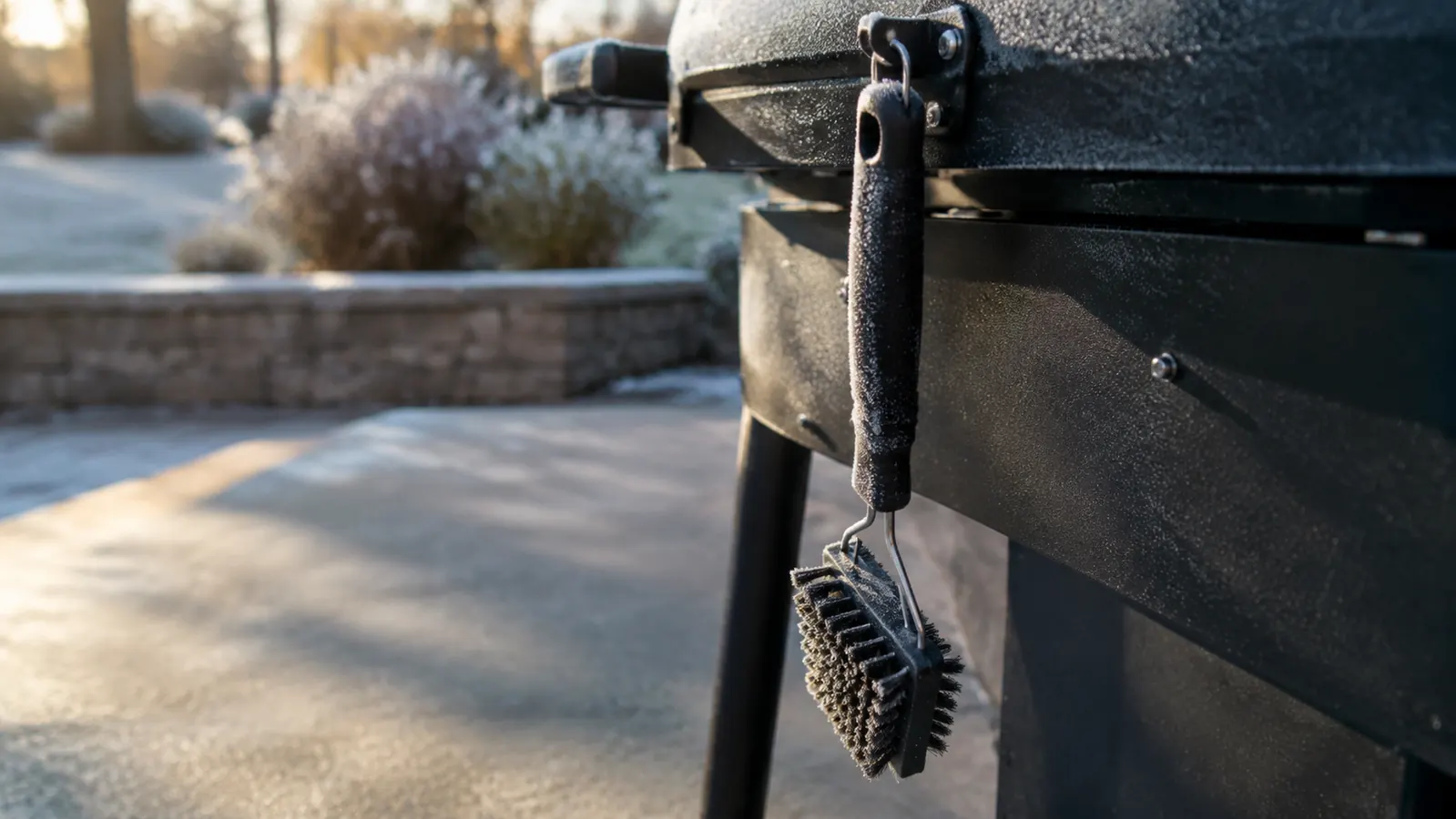 a grill brush hanging from a hook beneath a grill lid on a patio in early morning light, frost on the handle